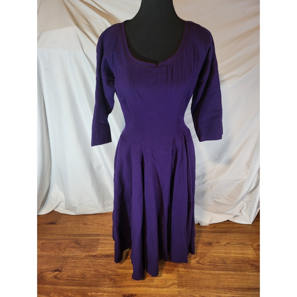 Vintage Circle Skirt Dress 1950s Homemade Rockabilly Wool‎ Purple Swing Size 8